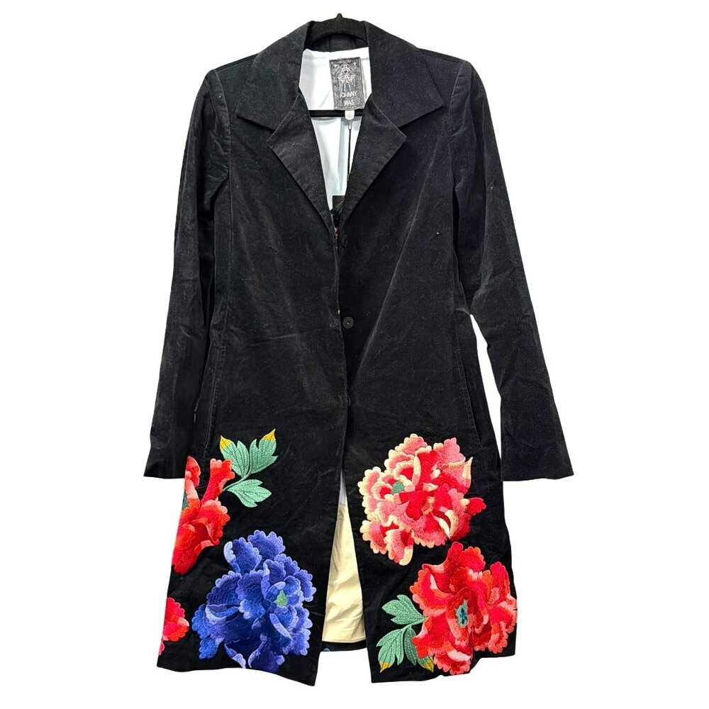 Johnny Was Embroidered Floral Velvet Black Coat Jacket Sondra New